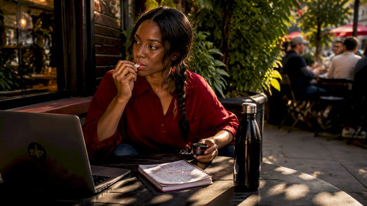 Woman using nicotine-free energy pouch in coworking space
